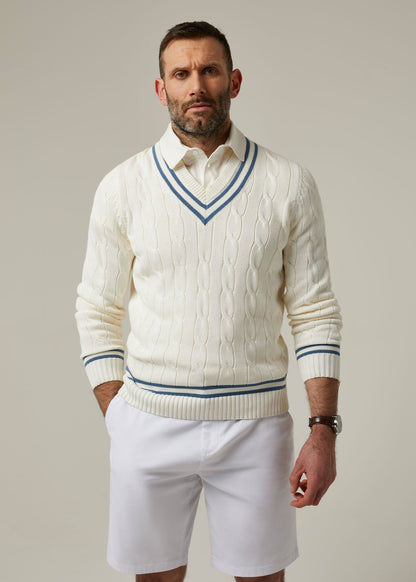 Cotton Cricket Jumper In Ecru and Blue