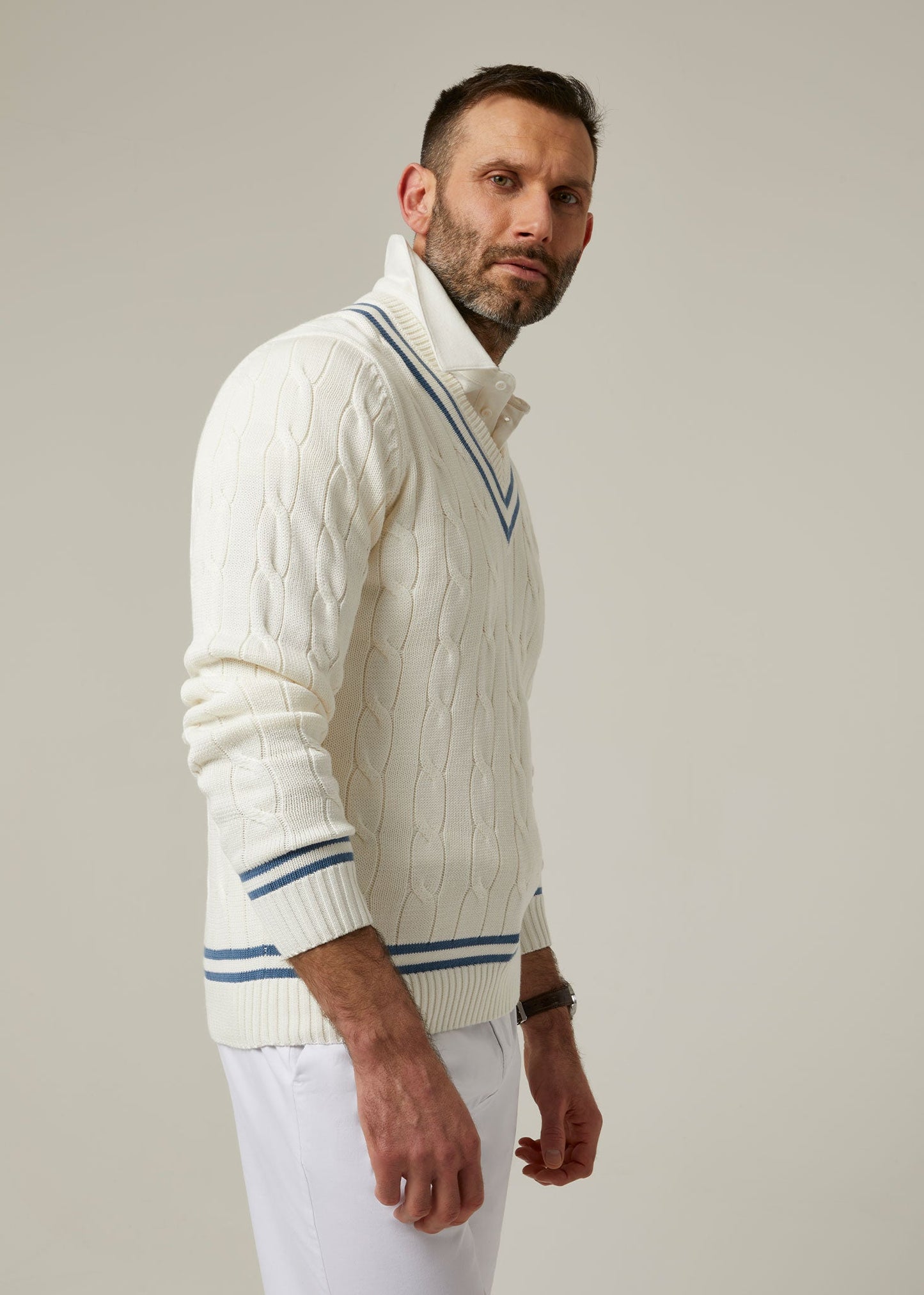 Cotton Cricket Jumper In Ecru and Blue