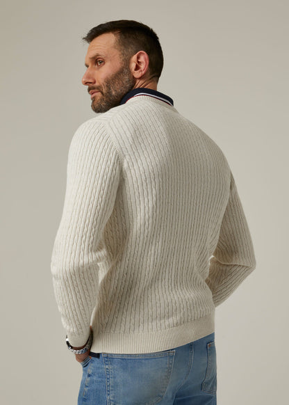 Elmstone Cable Vee Neck Jumper in Blonde & Dark Navy