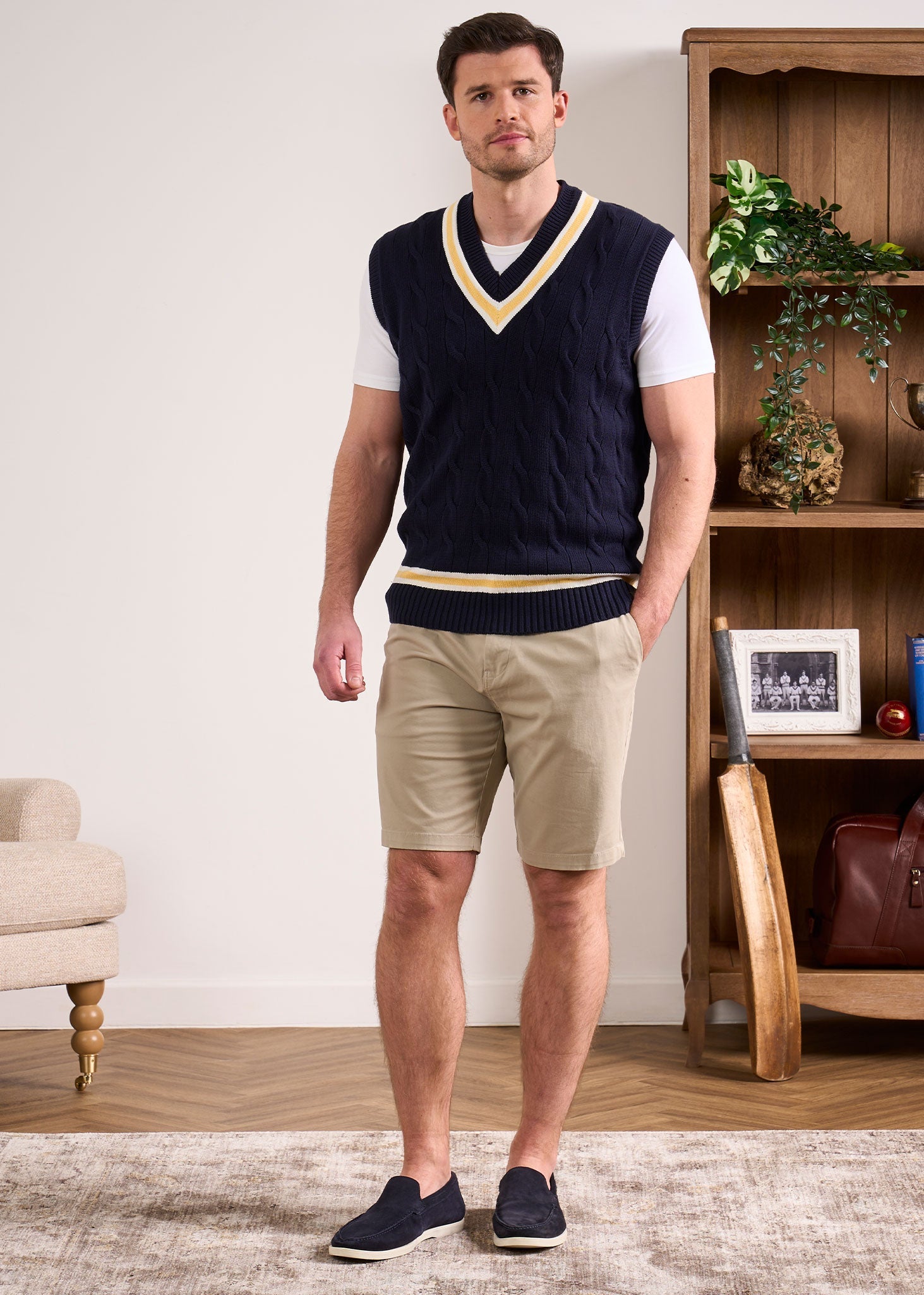 Chadbury Cable Cricket Slipover In Dark Navy & Sun