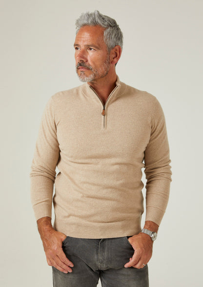 Hanbury Cashmere Zipped Mock Neck Jumper in Linen - Regular Fit