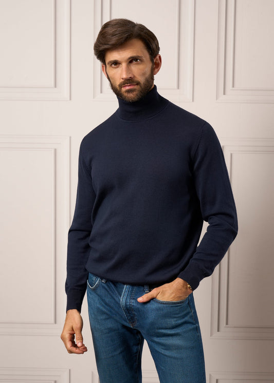 Bunbury Men's Geelong Wool Roll Neck Jumper in Dark Navy