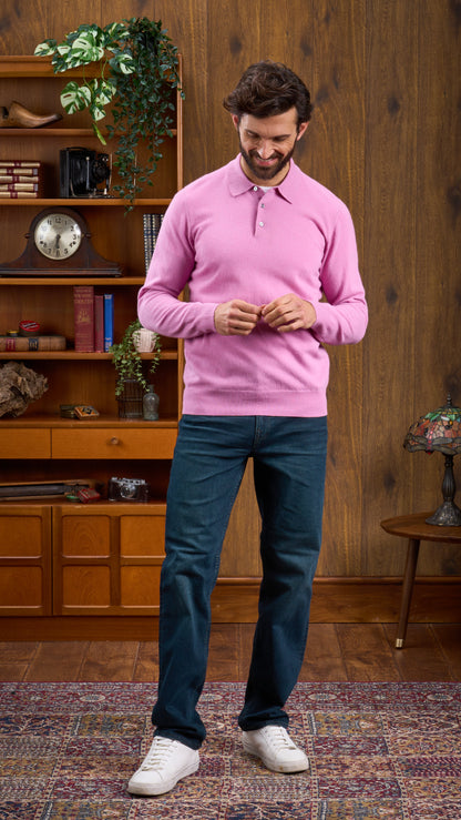 Geelong Wool Long Sleeve Polo Shirt in Pink Haze