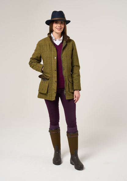 Rutland Ladies Tweed Waterproof Shooting Coat In Lichen