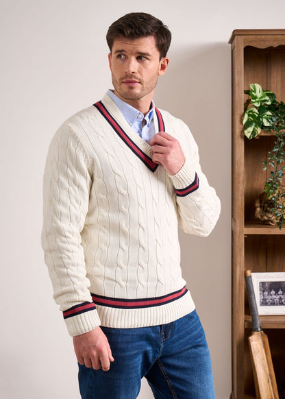 Sandridge Cable Knit Cricket Jumper In Ecru & Cherry