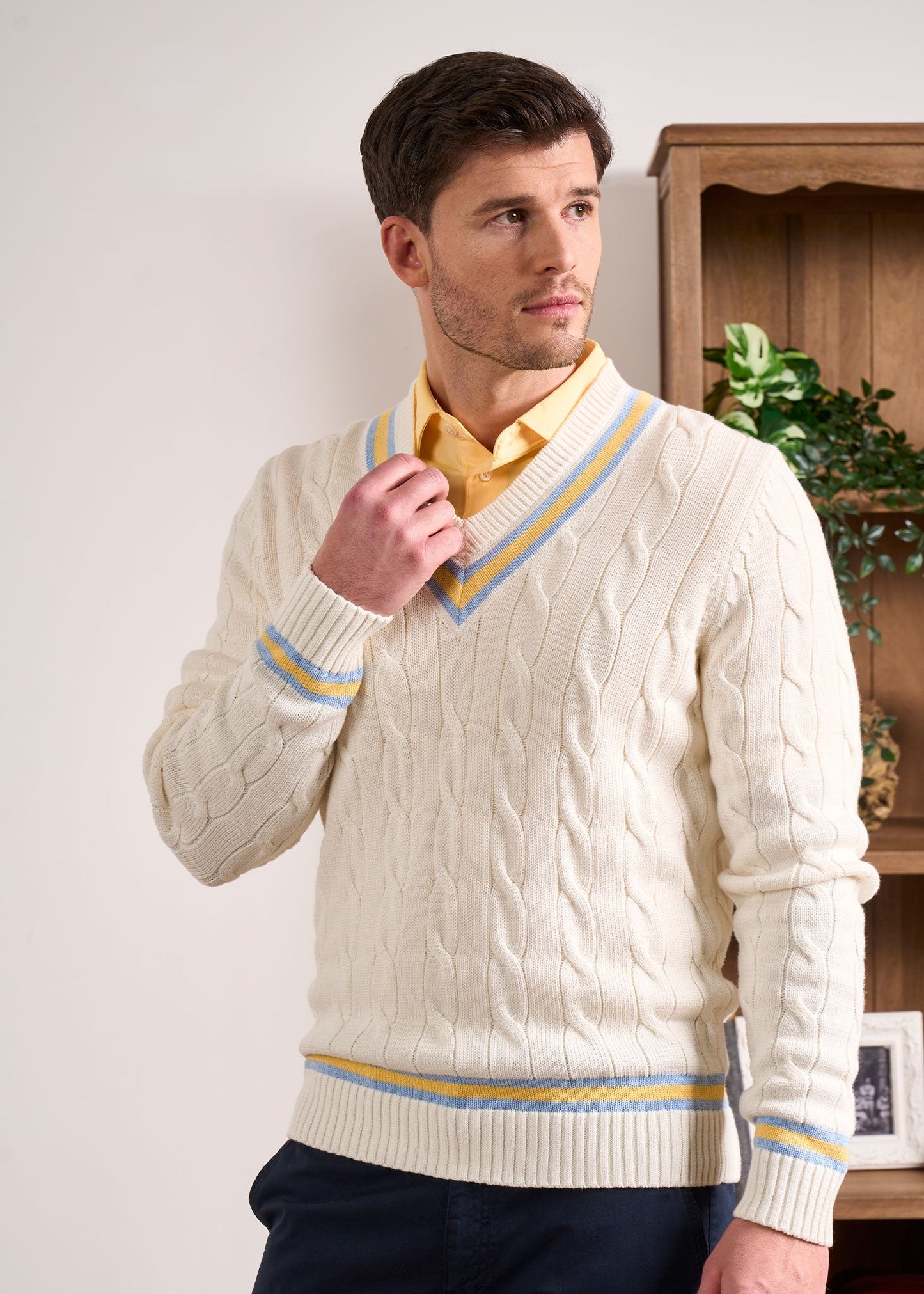 Sandridge Cable Knit Cricket Jumper In Ecru & Sun