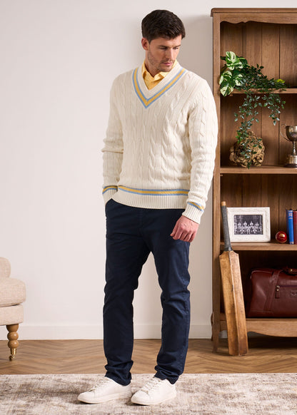 Sandridge Cable Knit Cricket Jumper In Ecru & Sun