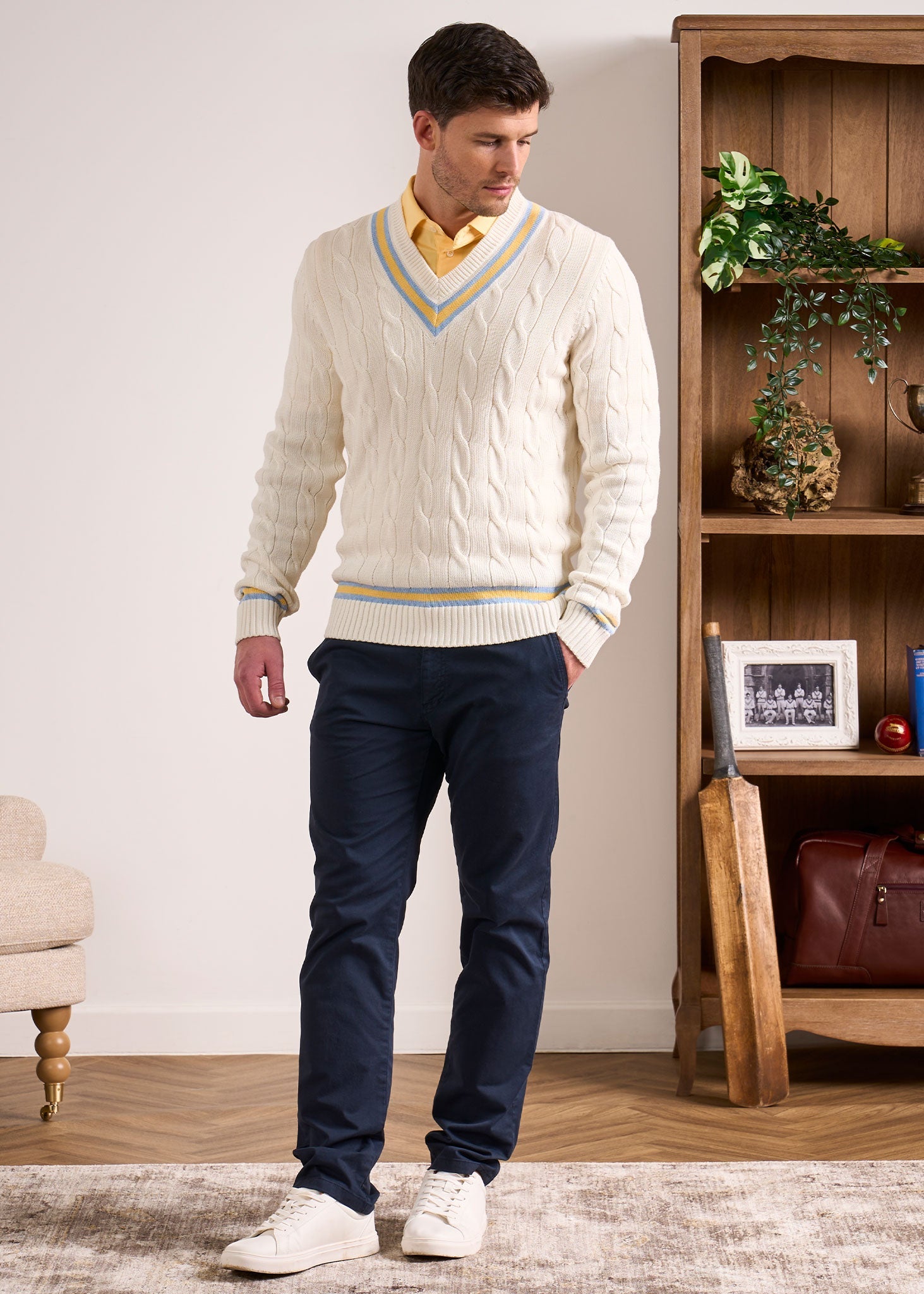 Sandridge Cable Knit Cricket Jumper In Ecru & Sun