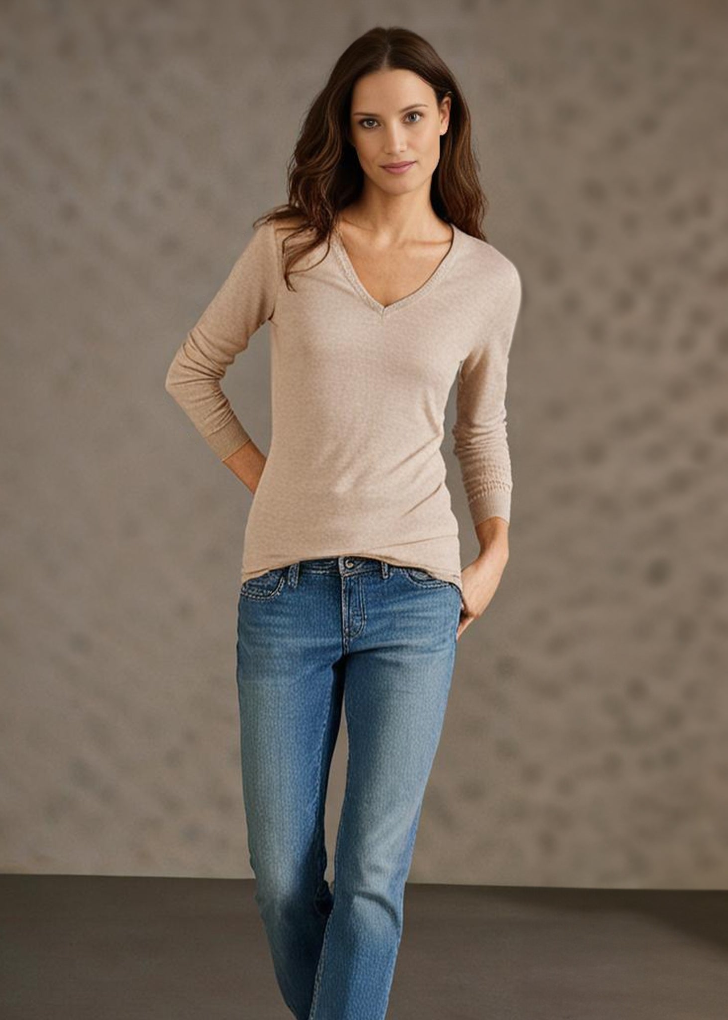 Thea Cotton Cashmere Vee Neck Jumper In Sand