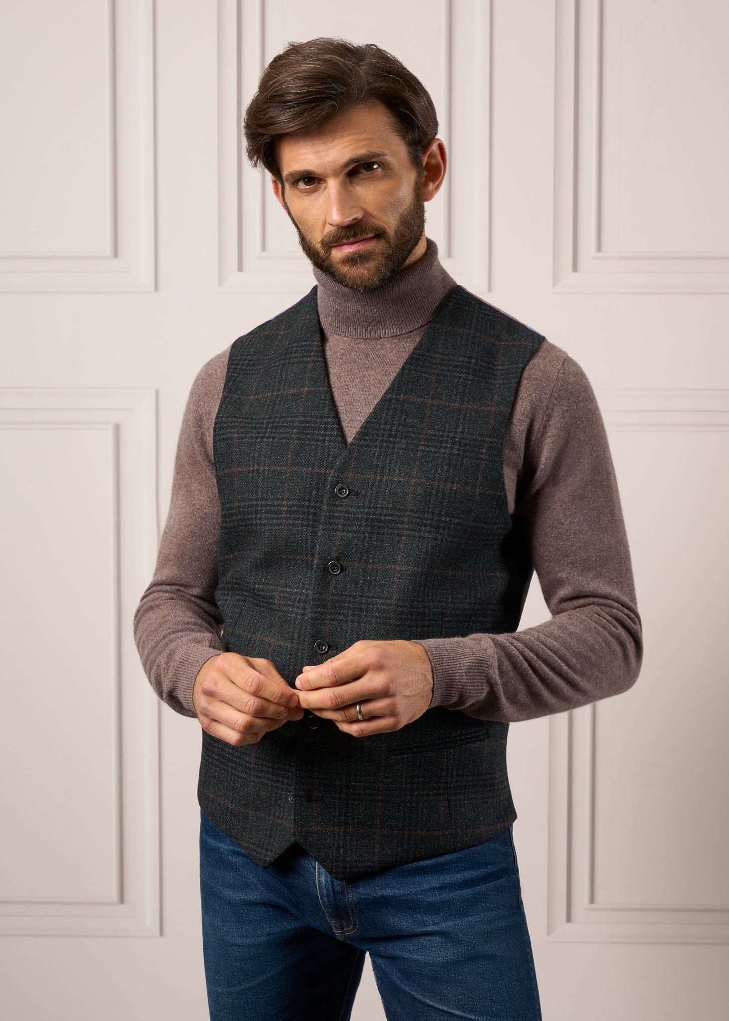 Tweed-Waistcoat-Mens-Surrey-Green-Check