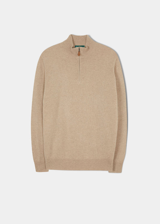 Hanbury Cashmere Zipped Mock Neck Jumper in Linen - Regular Fit