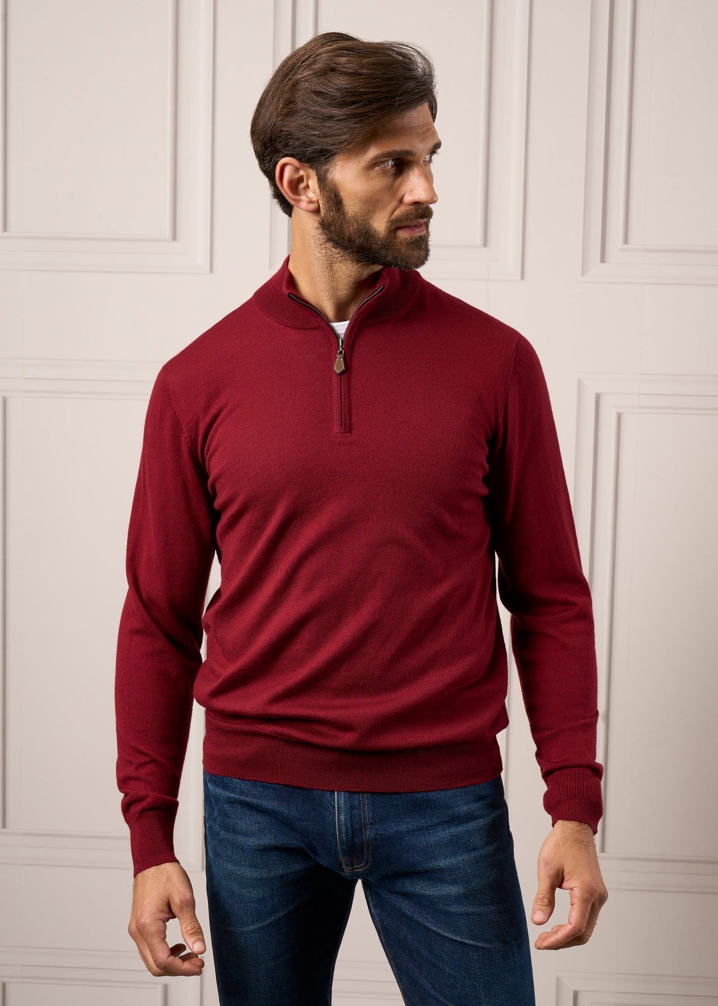 Barton Merino Wool 1/4 Zip Mock Jumper in Bordeaux - Regular Fit