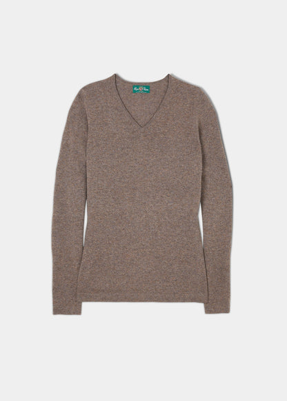 Ladies Geelong Lambswool Vee Neck Jumper In Teak