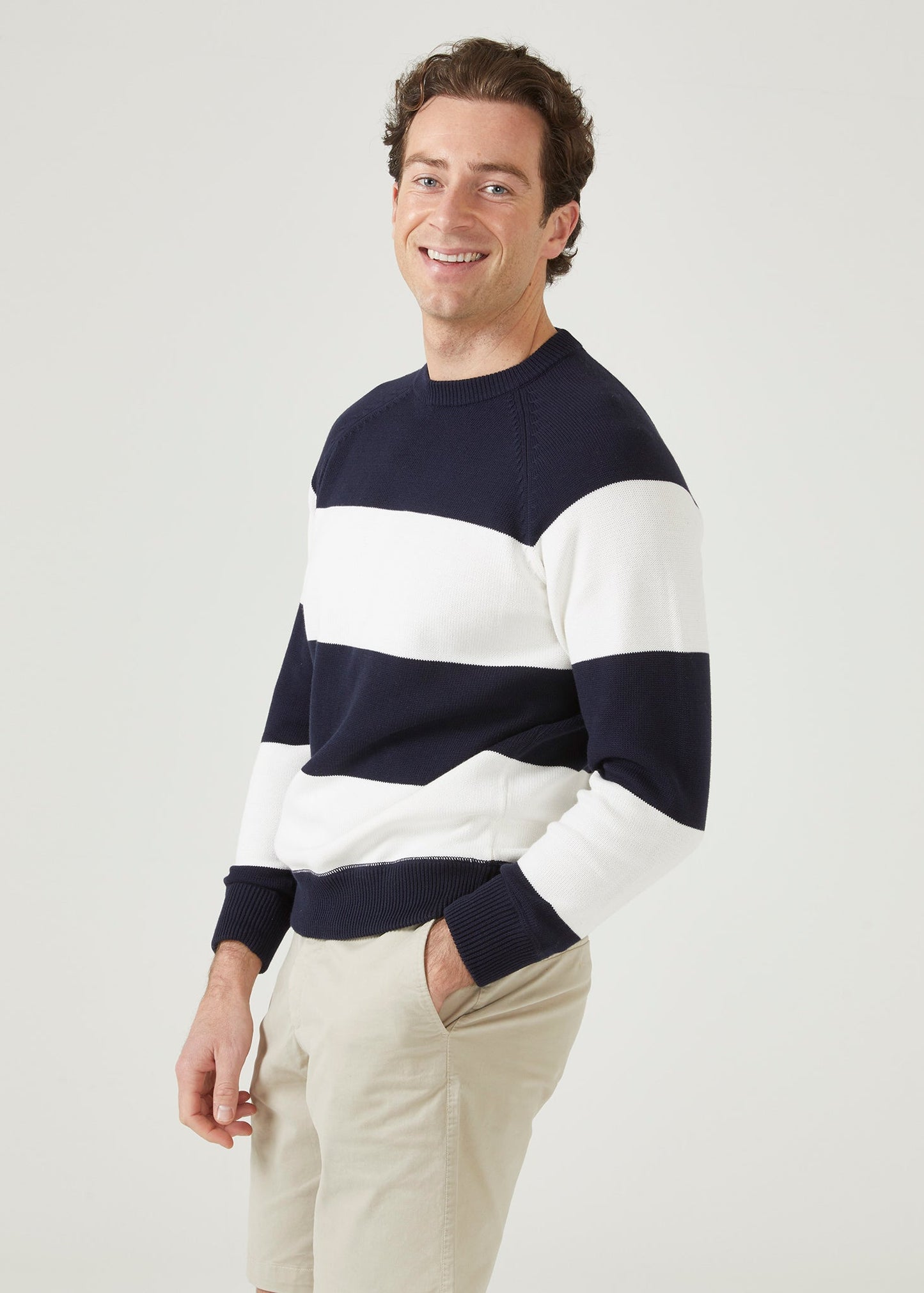 Wide stripe cotton jumper with a crew neck in dark navy & ecru.