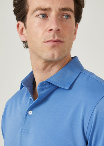 Men's 3 button polo shirt in mid blue.