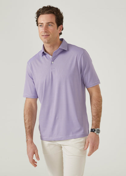 Polo shirt made from polyester with 3 button collar in plum with white stipes.